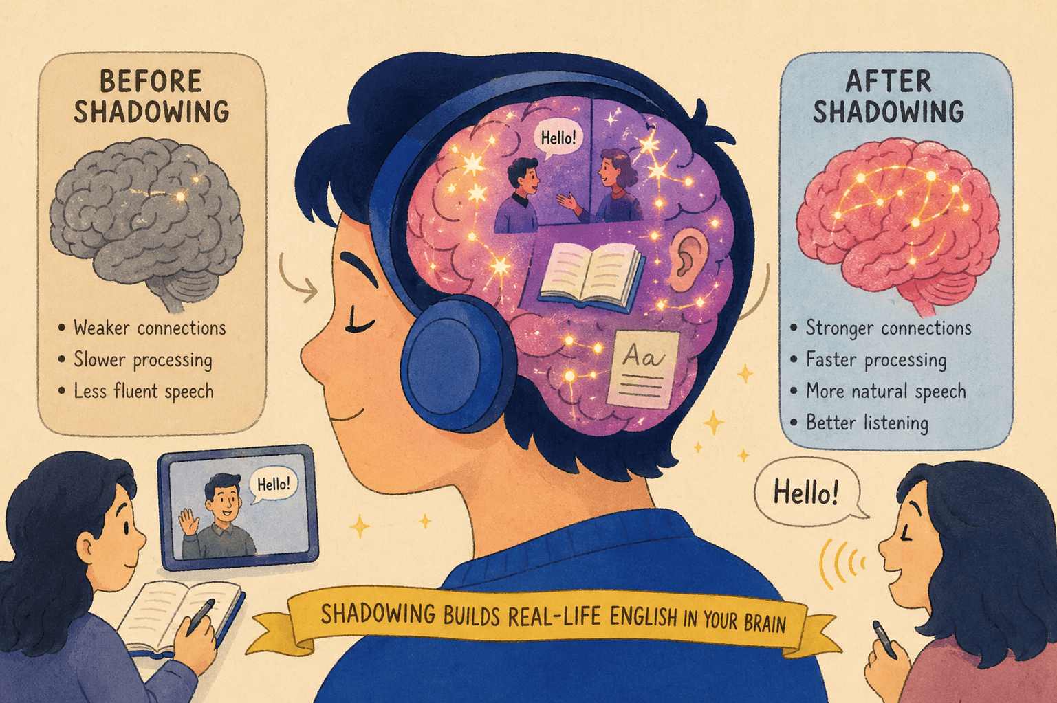 Illustration of a learner shadowing English with headphones, showing a dimmer brain labeled "before shadowing" with weaker connections, and a brighter brain labeled "after shadowing" with stronger connections, faster processing, and more natural speech.