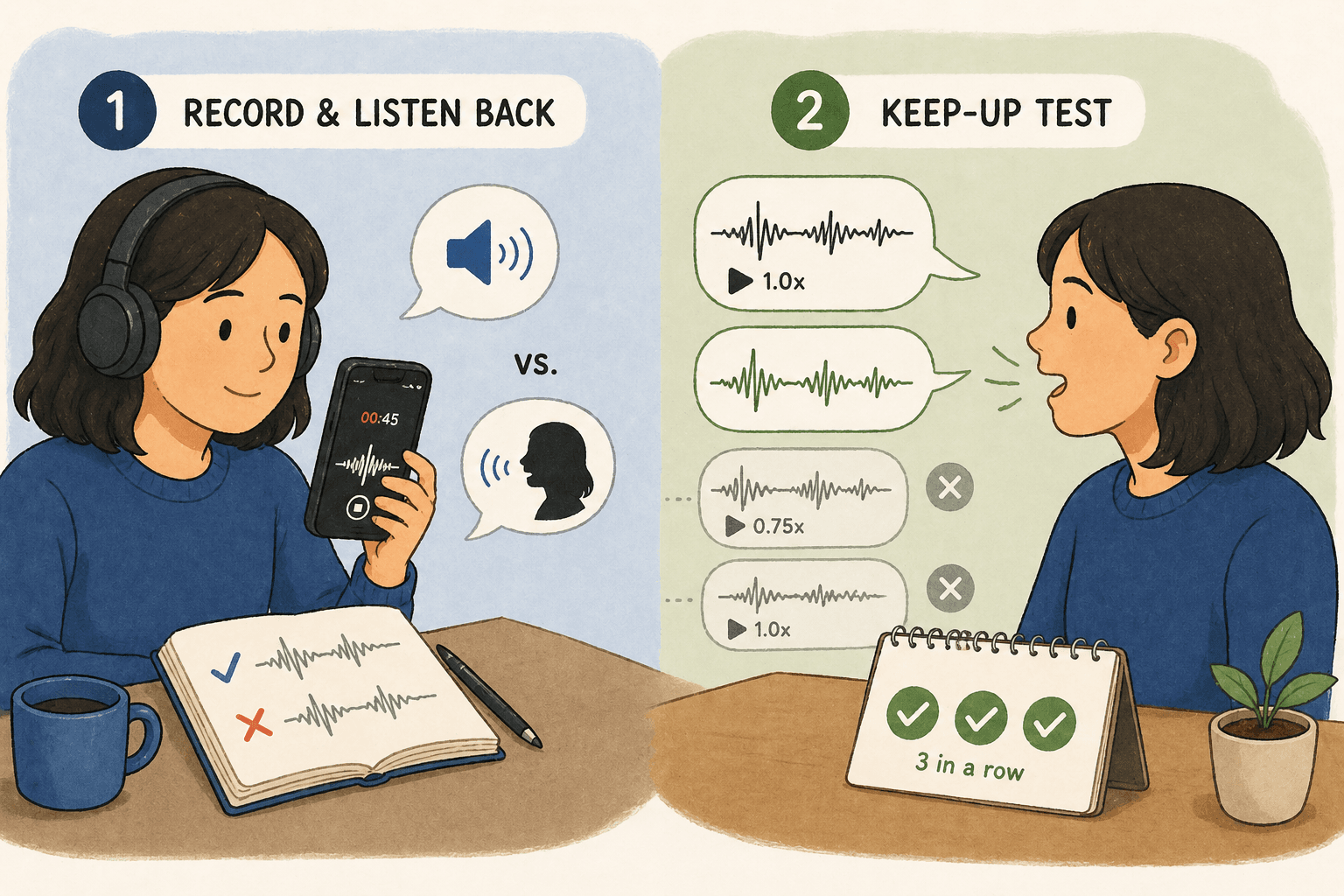 Two-panel illustration. Left: a learner with headphones holds a phone showing a 0:45 voice recording, with a notebook beside her containing two waveforms — one checked, one crossed — comparing her version to the original. Right: a learner faces speech bubbles showing four attempts at a clip with green-checked and grey-crossed waveforms, and a small flip-stand in front of her marked "3 in a row" with three green checks.
