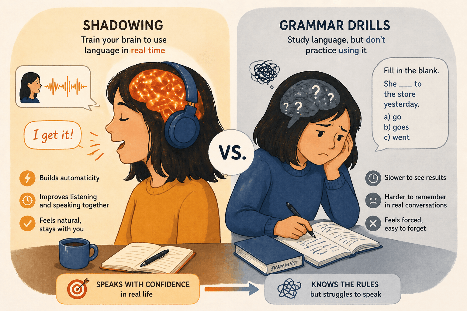 Side-by-side illustration. Left: a learner with headphones, glowing brain, saying "I get it!" — captioned "Shadowing: train your brain to use language in real time" with bullets "builds automaticity, improves listening and speaking together, feels natural, stays with you" and "Speaks with confidence in real life". Right: a frustrated learner staring at a fill-in-the-blank grammar question — captioned "Grammar drills: study language, but don't practice using it" with bullets "slower to see results, harder to remember in real conversations, feels forced, easy to forget" and "Knows the rules but struggles to speak".